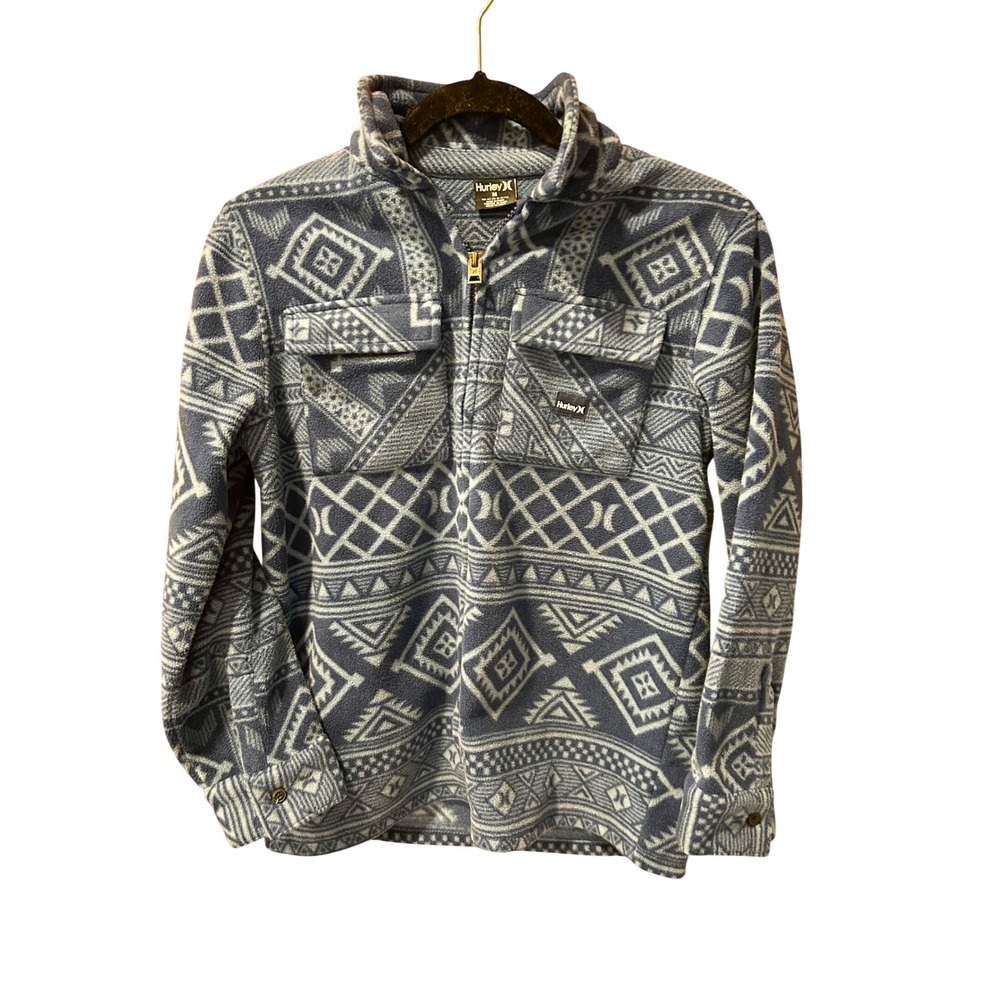 Hurley Boys Blue Geometric Tribal Print Fleece Quarter Zip Pullover Size M 10-12